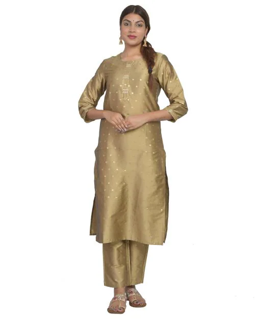 Riara Women's Art Silk Kurti with Pant Regular Straight Suit Polka Dot Pattern Kurta Set for Ladies (Medium, Gold)