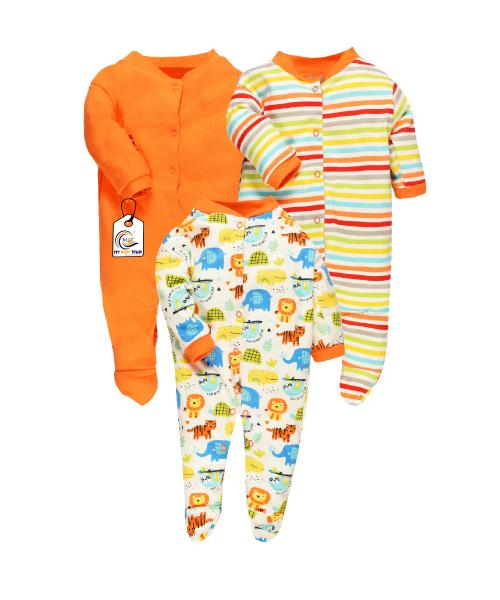 MYBABYTOWN BABY SLEEPSUIT ROMPER 100% Cotton Unisex Printed Orange Pack of 3 Rompers & Onesies 9-12 M RM-ORG-B-9-12