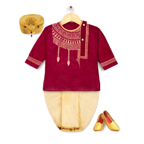 mustmom Baby Boys Festive & Party, Wedding Dhoti & Kurta Set Maroon