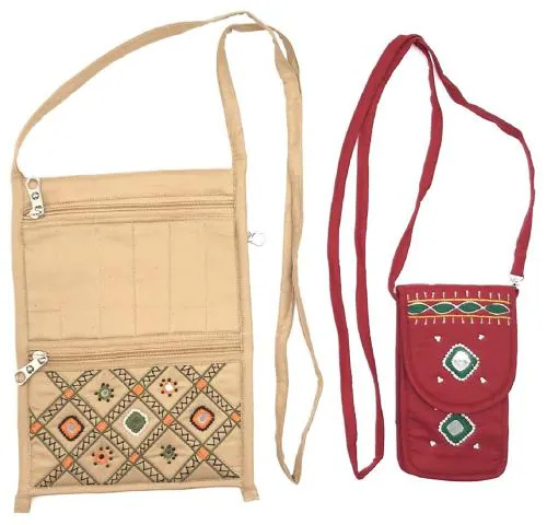 SriAog Handicrafts Combo Sling Bags for Women Stylish Handmade Traditional Cotton Mobile Crossbody Bag for Girls Combo Pack of 2 Embroidery Mirrors Work (Multicolor)
