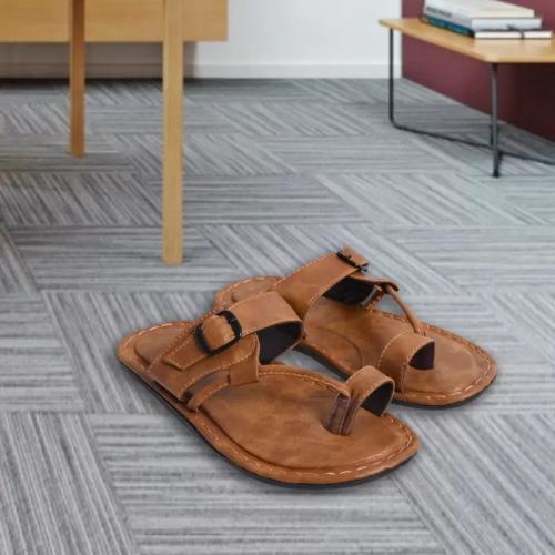 STYLE HEIGHT Men Leather Slipper Durable Comfortable Synthetic Leather Slip On Flipflop Slippers for Daily Use Outdoor/ Indoor - Tan