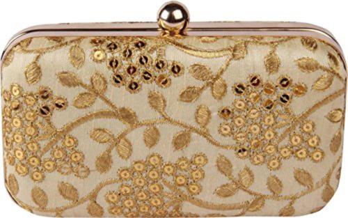 Tooba Handicraft Beige Silk Women Designer Clutch Bag With Chain Strap