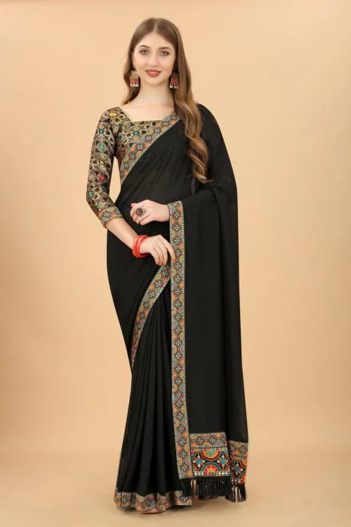 SWIFFIN Latest Collection Vichitra Silk Banarasi Black Saree For Women/Women Saree With Unstitched Blouse-BLACKBERRY-BLACK