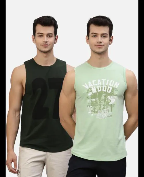 Rigo Men Combo of Bottle green and Mint Printed Vest T-shirts