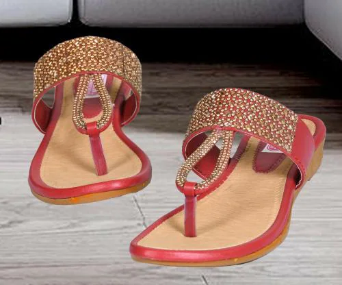 R.N FOOTWEAR Stylish Footwear Sandal For Women - Soft & Comfortable Women Flip Flop Slipper | Ethnic Sandals | Sandal For Girls | Indian Style Sandals | Flats For Womens | Fancy Sandals (Red) (UK 6)