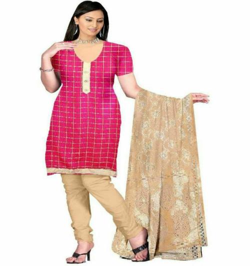 JHEENU Women Pink and Beige Printed Cotton Blend Salwar Suit Material