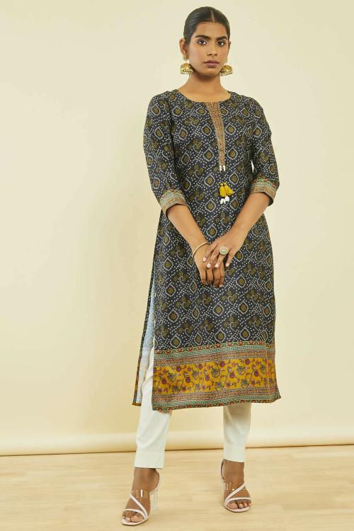 Buy Soch Black Satin Bandhani Print Kurta With Tassels Online at Best