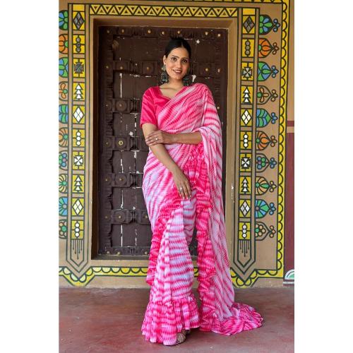 TULSI DESIGNER 1 Min Ready To Wear Women's Red Saree In Shibori Dyed Print With Ruffle All Over Boder