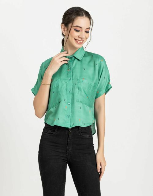 Moomaya Women's Printed Crop Shirt, Button Down Boho Shirt With Front Pockets