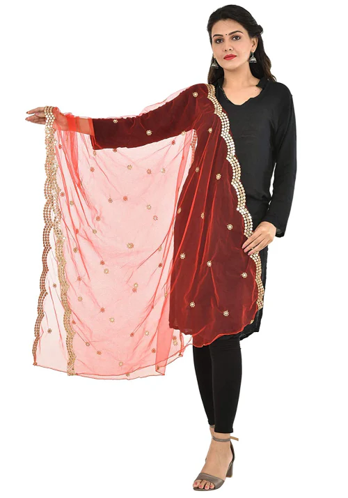 Kemza Women's Embroidered Mirror Work Net Dupatta (Red) with Floral Mirror Surface