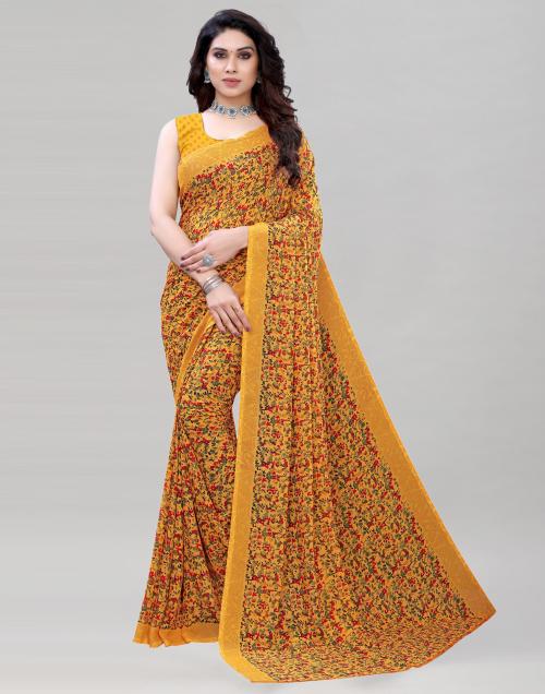 Siril Women Yellow Printed, Floral Print Georgette Saree | sarees for Women| saree | sarees