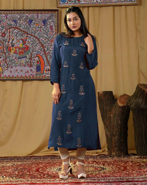 HALFSAREE STUDIO Navy Blue Muslin Hand Embroidered Long Kurti