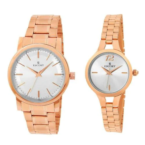 Escort Analog Silver Dial With Gold Strap Watch For Men & Women (E 2600-7085-7091 RGM)