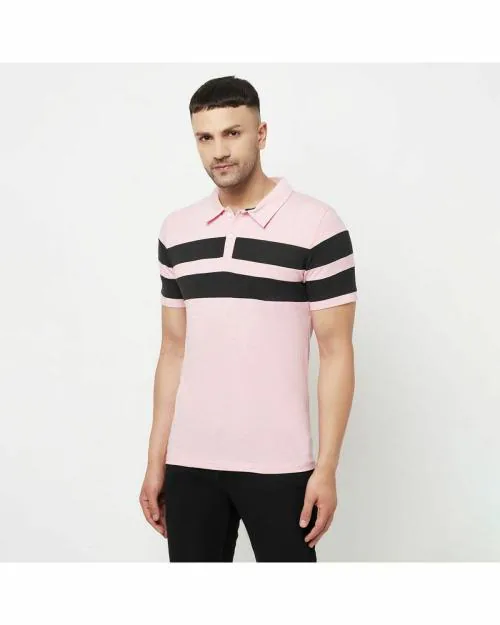Glito striped Pink & Black Half Sleeves Polo T-shirts For Men's