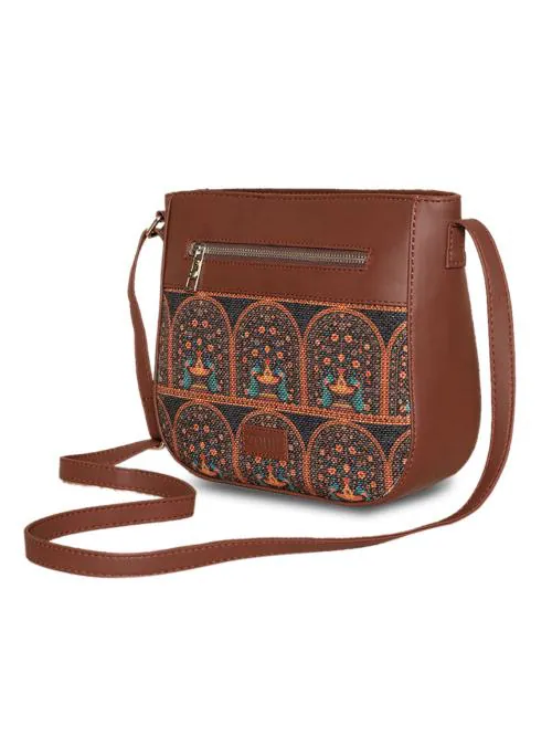 Zouk Women's Handcrafted Black Royal Indian Motif Printed U Shaped Sling Bag