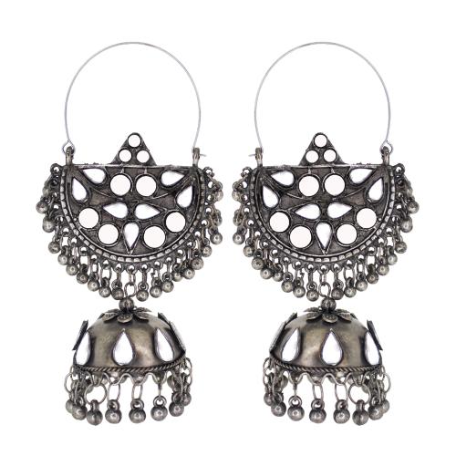 Unique Silver Oxidised Geometrical Mirror Hoops Earrings For Women