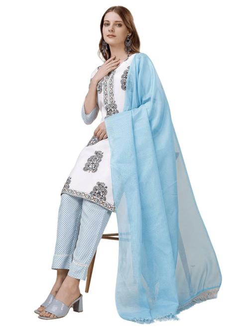 Sidhidata Women's Cotton Blend Printed Straight Kurta Pant Set With Dupatta White XXL
