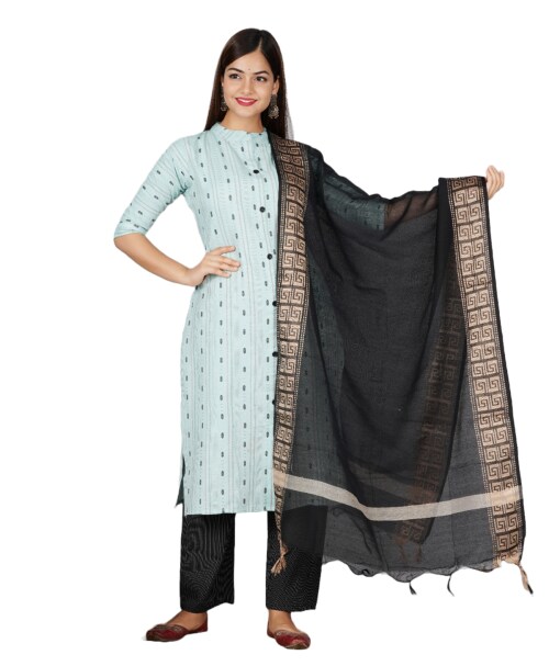 Clickedia Womens Fully Stitched Cotton Printed Straight Kurti with Buttons , Tassels and Chanderi Dupatta with Pants Jaipuri Salwar Suit