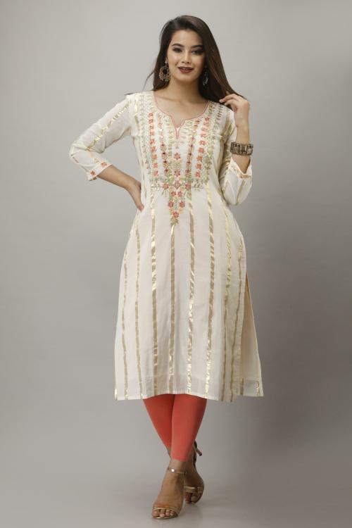 AAYSA Women White Embroidered Cotton Blend Straight Kurta (S)