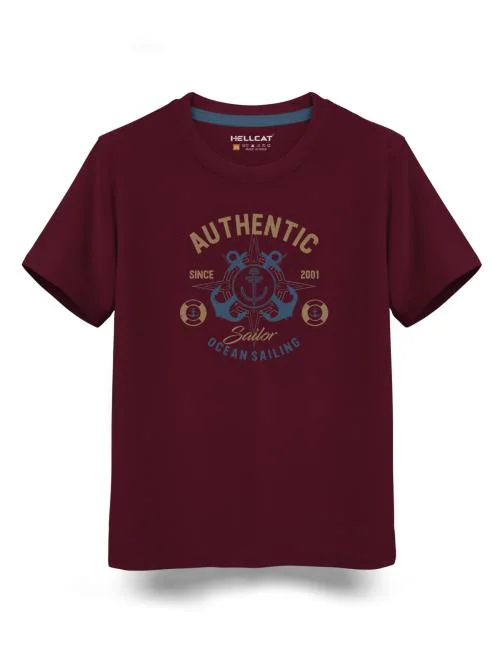 HELLCAT Trendy Burgundy Graphic Printed Typo Graphic Cotton Blend Crew Neck / Round Neck Half Sleeve T-shirt for Boys