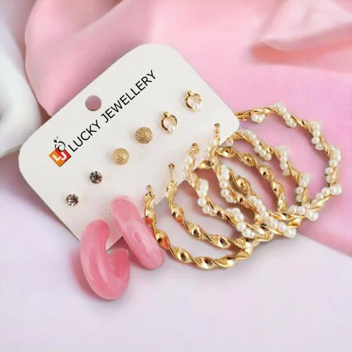 LUCKY JEWELLERY Fashion 6 Pairs Combo Set Of Latest Earrings Stone Stud Tops Gold Plated Pearl Geometric Hoops Earing Pink Color C Shaped Dangle Earring for Women & Girls (240-CHEX-1185-6)