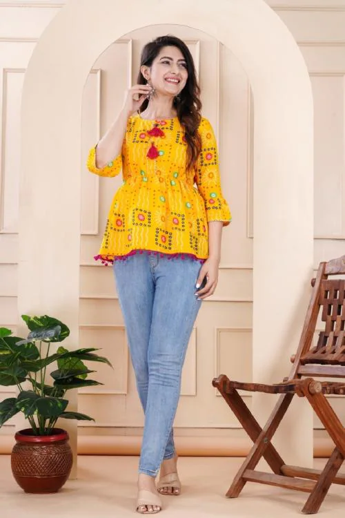 SLF Women's Cotton Printed Short Kurta Top (Yellow-S)