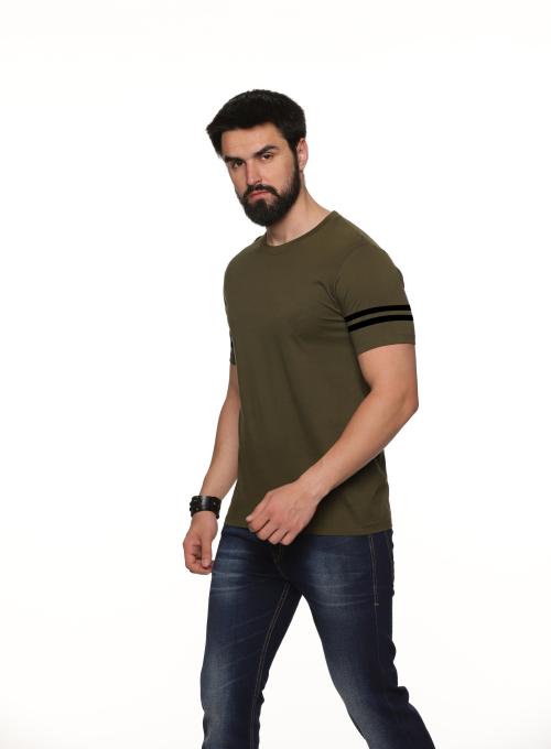COTTON High Density Men's Regular Fit Striped Round Neck Half Sleeve T-Shirt (Olive)