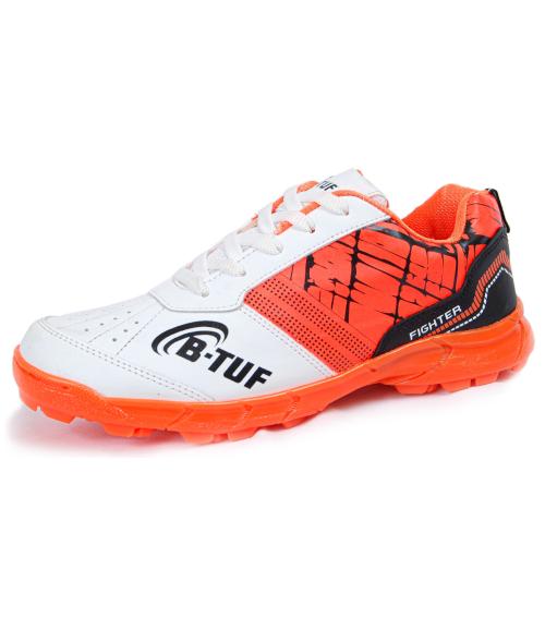 B-TUF Fighter Cricket Shoes Stud Spikes Sports Shoes for Men Women Boys Girls (White/Orange) Size India/UK 8