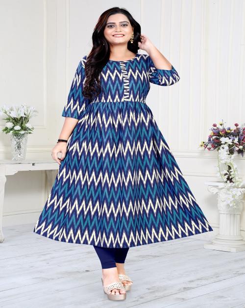 Karni Fashion Zig-zag Printed Gown Style Crepe Women's Maternity Wear Kurti GFZIG-BLUE-XL