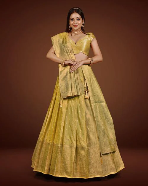 HALFSAREE STUDIO Yellow Designer Pattu Lehenga in Banarasi Silk