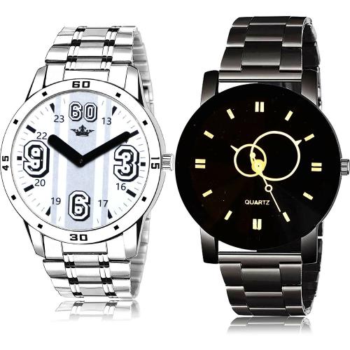 NEUTRON Classical Designer Lionel Messi And Crystal Shape Glass Chain Silver And Black Colour Analog Metal And Stainless Steel Belt 2 Watch Combo For Boys And Men - BL46.111-BRM7