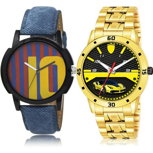 TIMENTER Contemporary Royal Messi Football And Gold Chain Blue And Gold Colour Analog Genuine Leather And Stainless Steel Belt 2 Watch Combo For Boys And Men - BL46.10-(31-S-21)