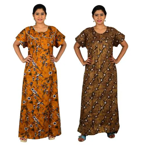 OSF Women's Cotton Kaftan Nighty Round Neck Full Length Nightwear Night Gown Maxi (Pack of 2, Size:- 2XL)
