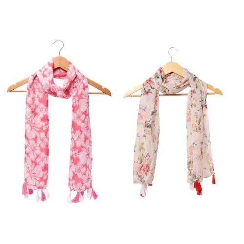 RIDDLE NEEEDLE Women's Printed Chiffon Multicolored Scarf and Stoles with Tassels - Set of 2