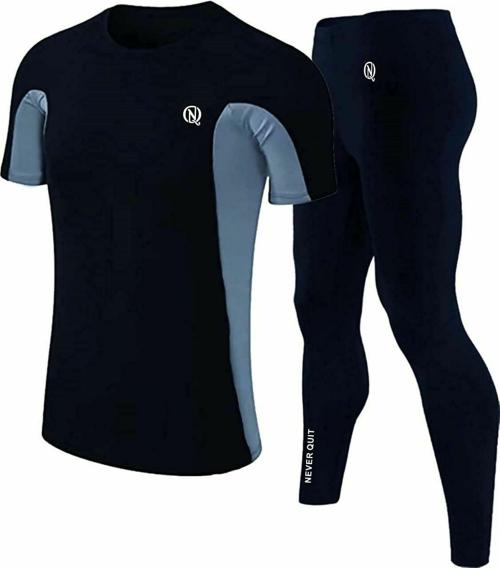 Never Quit Compression Half Sleeve T-Shirt+Lower- Athletic Base Layer for Fitness Sports Tracksuit