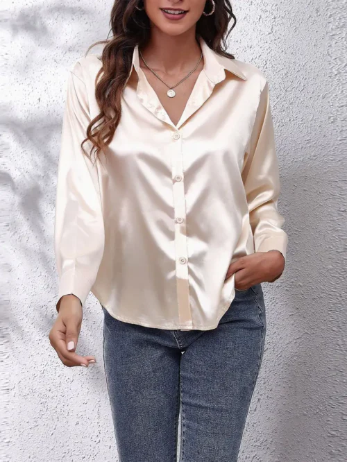 Popwings Casual Women Cream Solid Satin Shirt | Women Trendy Shirt | Women Collar Shirt | Women Spread Collar Shirt