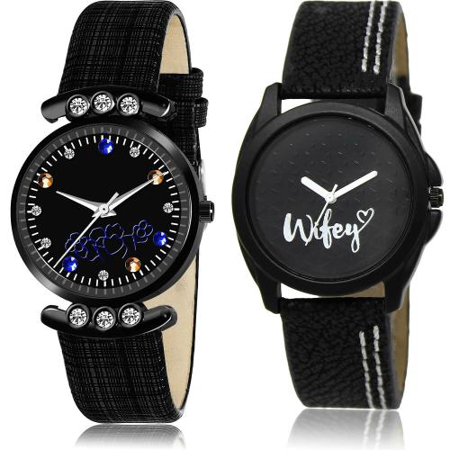 GROOT Latest Royal Simple And Wife Black Colour Analog Genuine Leather Belt 2 Watch Combo For Women And Girls - GW2-GL234