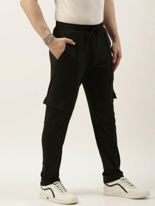 Maniac Mens Black Solid 90% Polyester 10% Spandex French Terry Slim Fit Cargo Pant