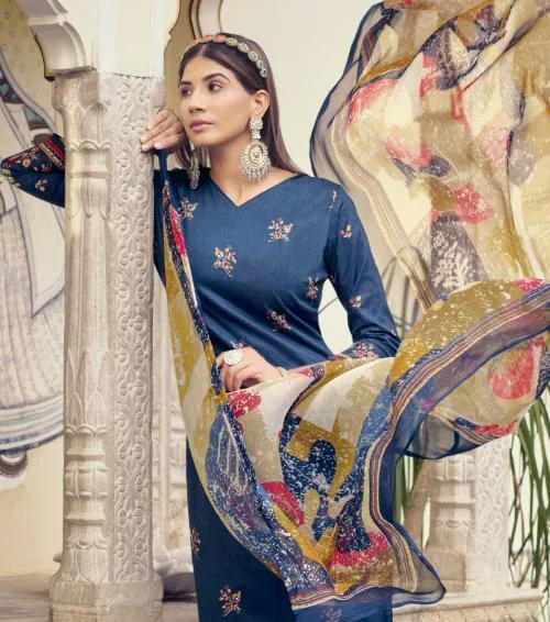THE JAZZBAAT Unstitched Printed Mirror Work Batik Printed Cotton Salwar Suits Dress Material with Chiffon Dupatta Unstitched Dress Material For Women (Blue)