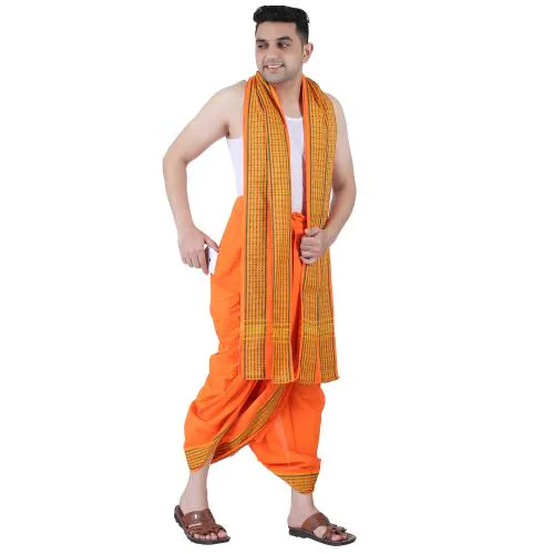 PRAKASAM COTTON Men's Panjakejam Yellow Ready made ( Ready to wear) dhoti towel set with pocket- Free Size