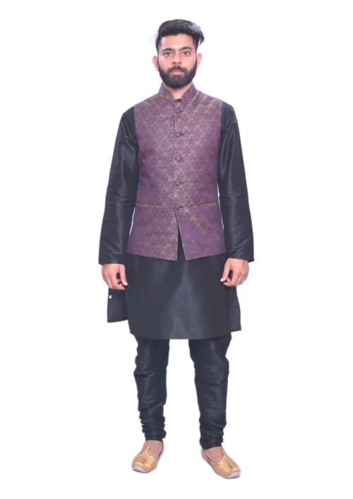 Mag Men's Black Matching Kurta Churidar With Light Brown Waistcoat
