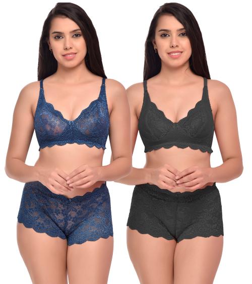 PIBU Trendy Style Blue,Black Bra Panty Set For Women Lingerie Set Pack of 2