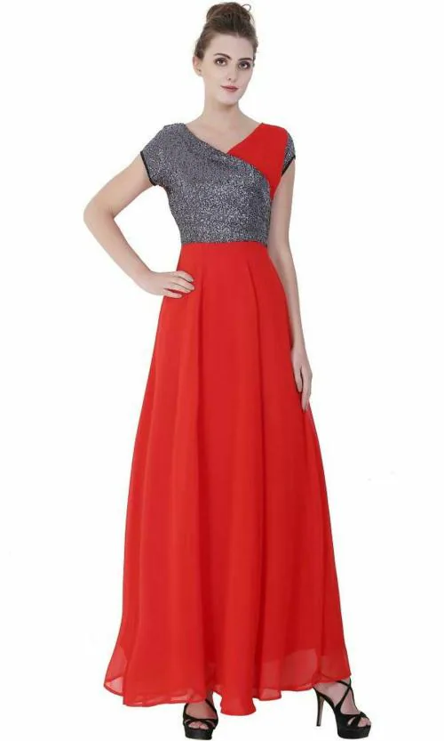 scenestealer Women Red Embellished Poly Georgette Maxi Dress - L