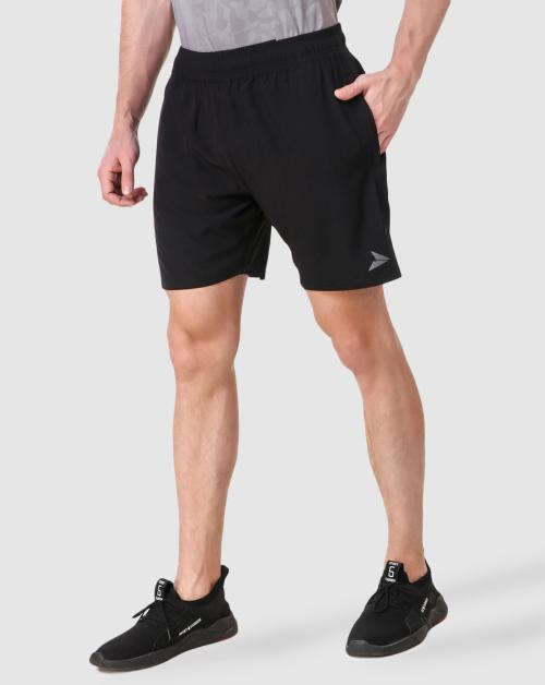 FITINC Black N.S Lycra Gym Shorts for Men with Both Side Safety Zippered Pockets, Elastic Waistband & Adjustable Drawstrings