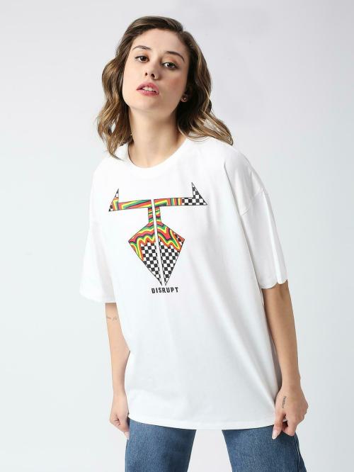 Disrupt Women White Printed Cotton Blend Round Neck T-Shirt