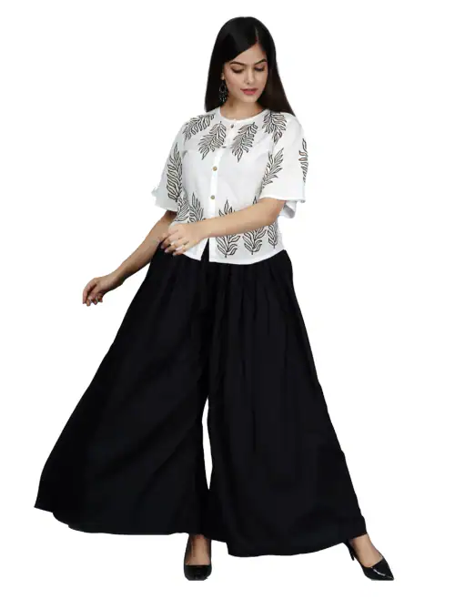 Clickedia Womens Fully Stitched Rayon Block Print Top with Buttons Indo-western Top and Palazzo Set