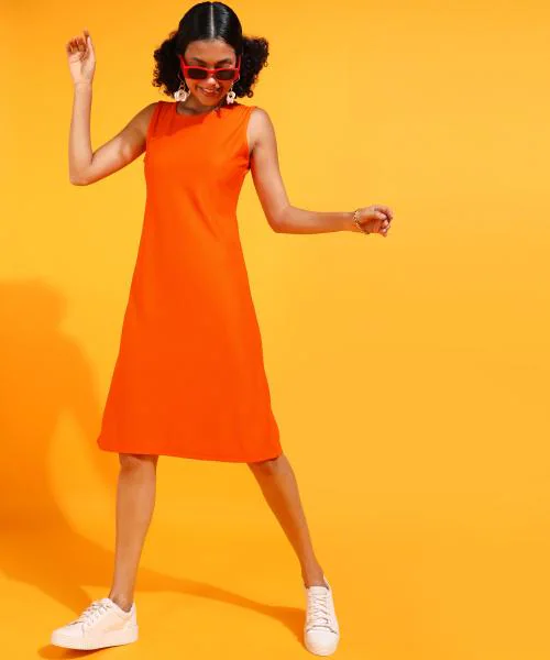 Popwings Women Casual Orange Rib Knee Length A-Line Dress | Women Stylish Dress | Women Latest Design Dress
