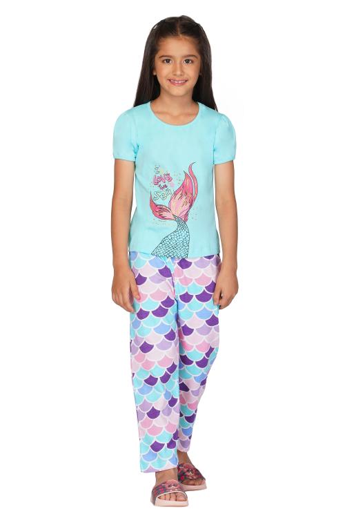 TotzTouch Baby Girl's Cotton Printed Pyjama Set| Night Suit Set Pack of 1 Age 9-10 years Mermaid Blue