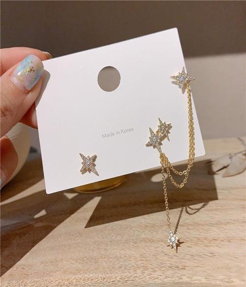 DESTINY JEWEL'S Korean Gold Plated Style Rhinestone Decor Star Shaped Long Tassel Chain Ear Cuff Cubic Zirconia Alloy Cuff Earring