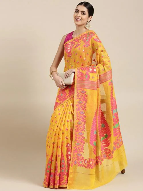 PANZORA Women Pink and Yellow Woven Cotton Silk Jamdani Saree with Unstitched Blouse Piece